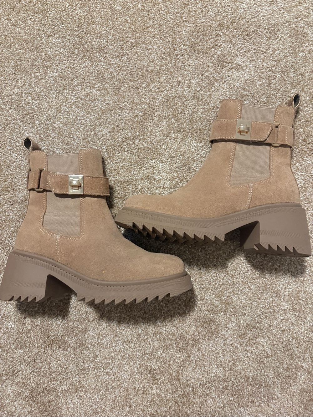 Steve Madden Taupe Suede Lug Chelsea Boots with Strap